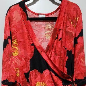 Olivia Mattews Black/Red Floral Maxi Dress Crossover. 3X. 3/4 length Sleeve